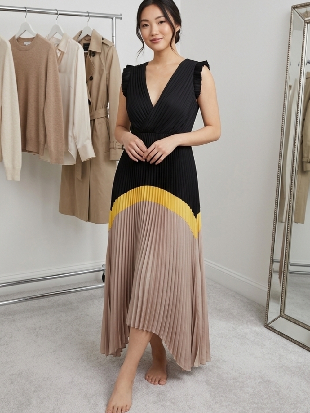 BCBGMaxAzria Black, Yellow & Taupe Pleated V-Neck Maxi Dress